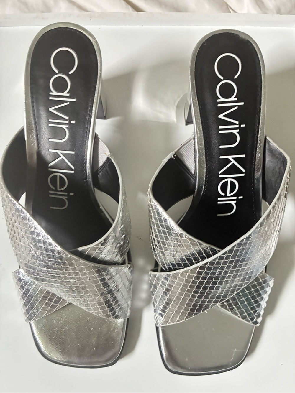 Calvin Klein Silver Metallic Crisscross Mule Sandals